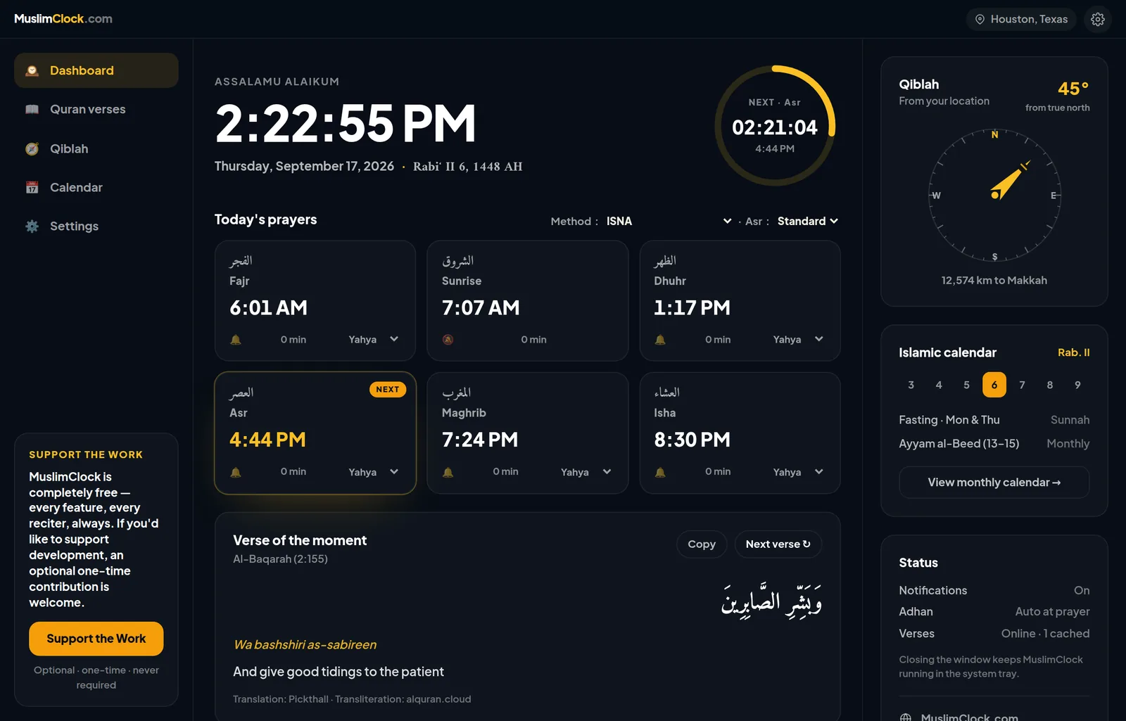 MuslimClock dashboard showing live prayer countdown, today's six prayer times, Qiblah compass and Islamic calendar