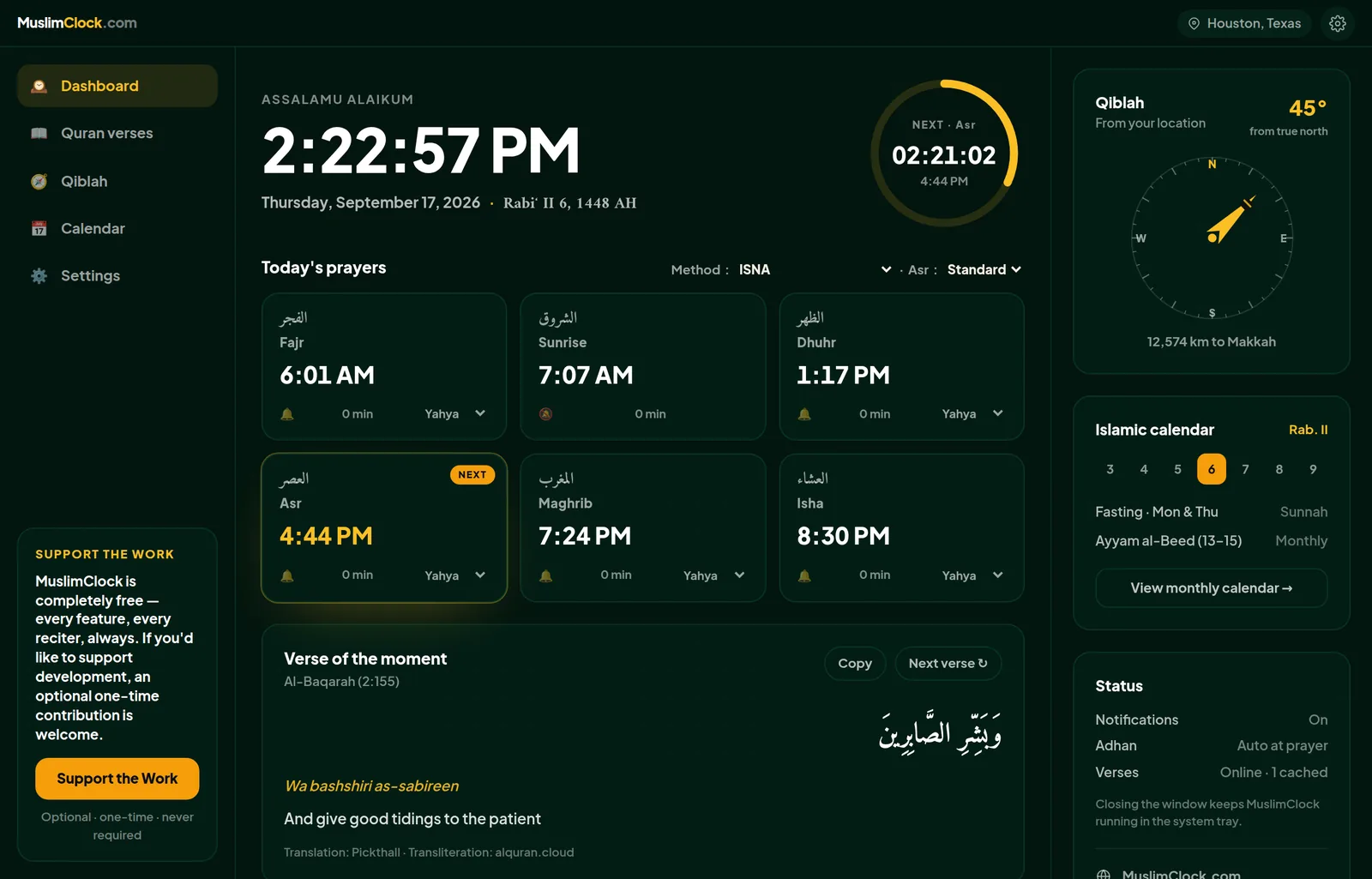 MuslimClock dashboard in the Green theme